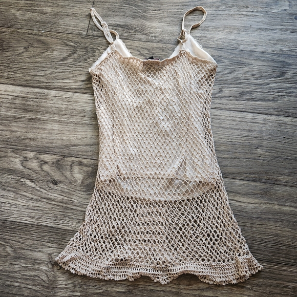 Vtg Y2K Say What Babydoll Crochet Top Women Medium Beige Ribbon Feminine Boho - Picture 7 of 8